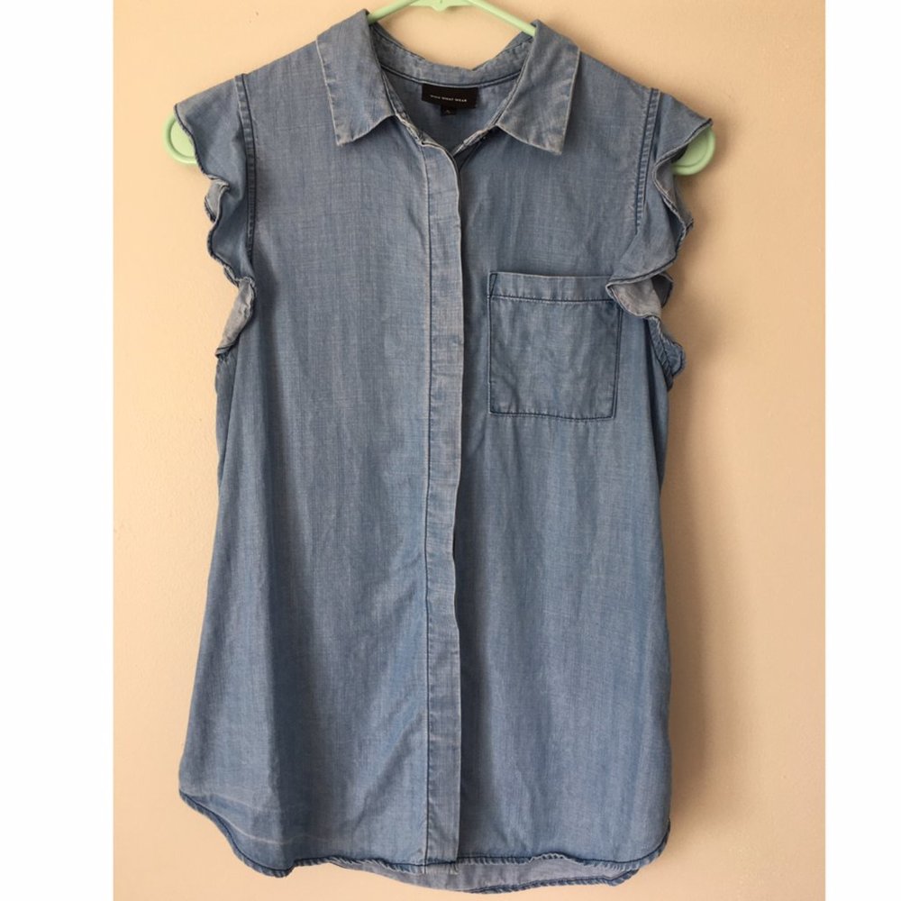 Target Lyocell Blue Button Down Tank with Ruffles